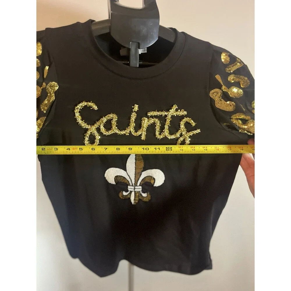 Sash Clothing Bar Saints Sequin Fleur De Lis Top XS Black Gold Puff Sleeve